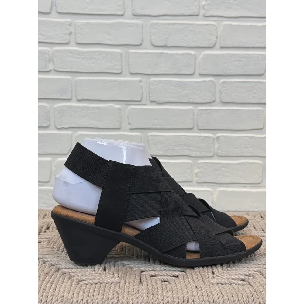 Comfortiva Woven Elastic Wedge Sandals Black Size 8.5